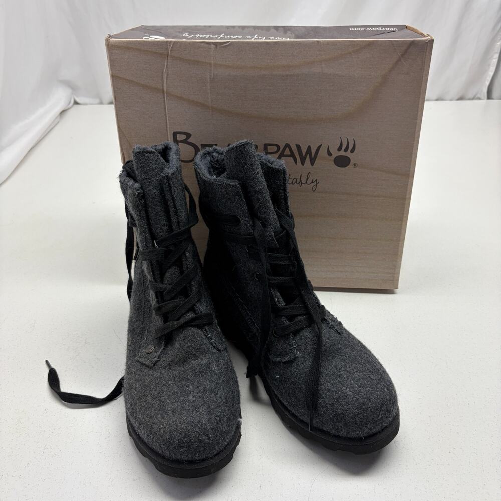 Bearpaw Krista Boots Charcoal Wool Felt/Shearling Lined Round Toe Lace Up Size 8